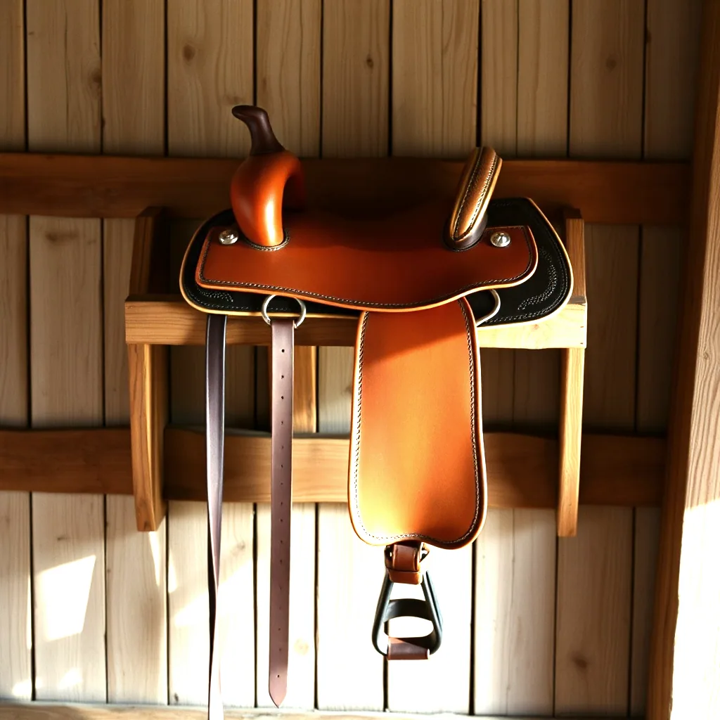 A western barrel saddle on a wooden rack against a board wall, seen three quarters on, stirrup hanging free.