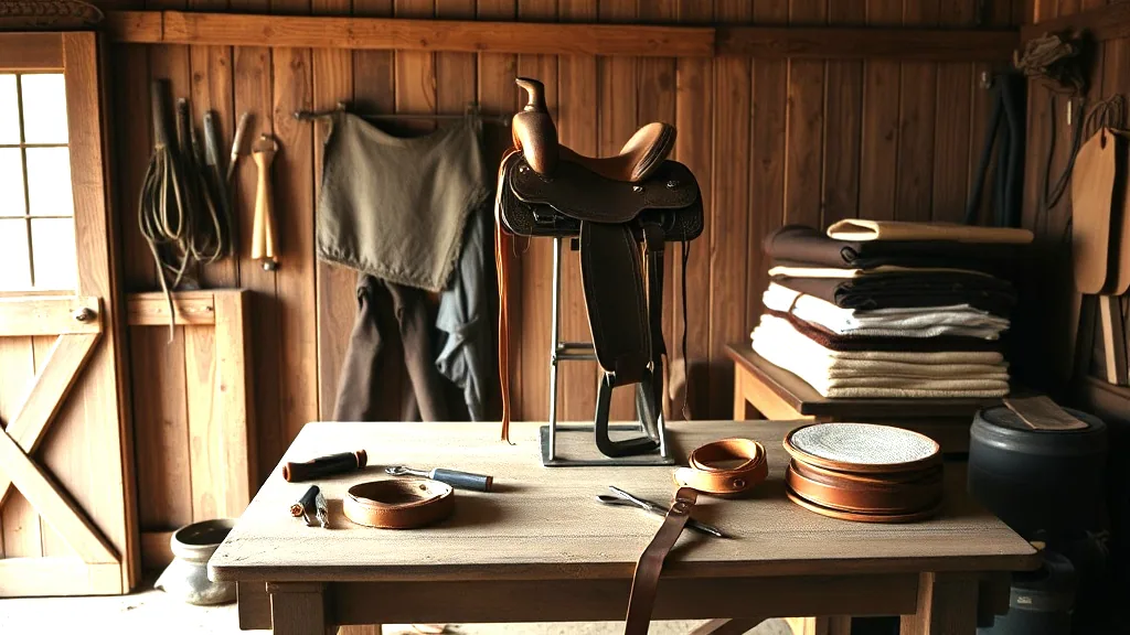 A saddle repair bench in a board walled tack room, a bare saddle stand, hand tools laid out on the bench, coiled latigo and a stack of folded wool pads.