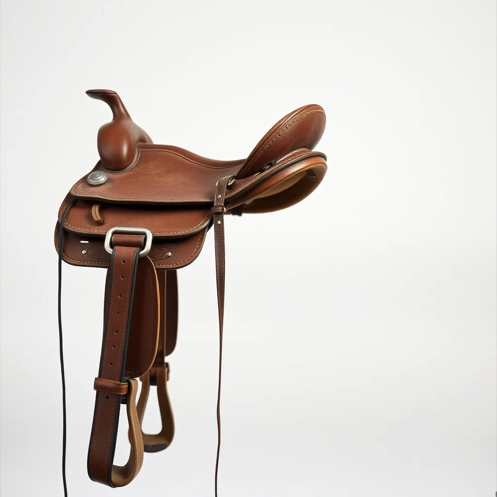 A plain western ranch saddle seen from the off side against a pale background, rigging and latigo hanging.