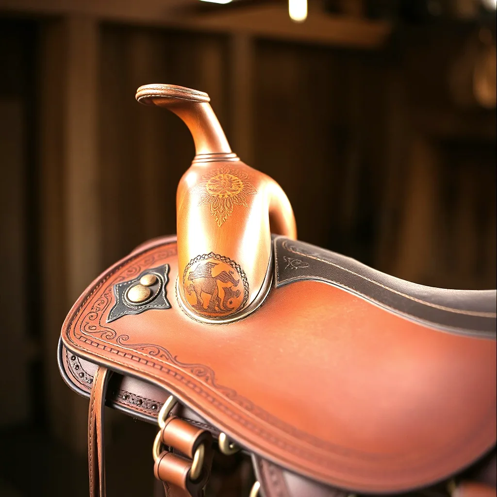 A hand tooled western roping saddle in warm barn light, the horn and tooled skirt sharp, the background soft.