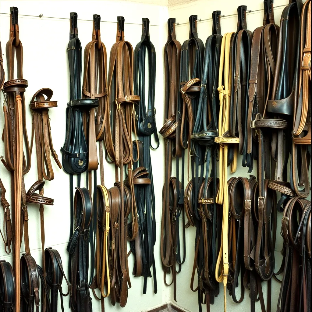 A wall of leather headstalls and breast collars hung in rows on hooks, shot straight on.