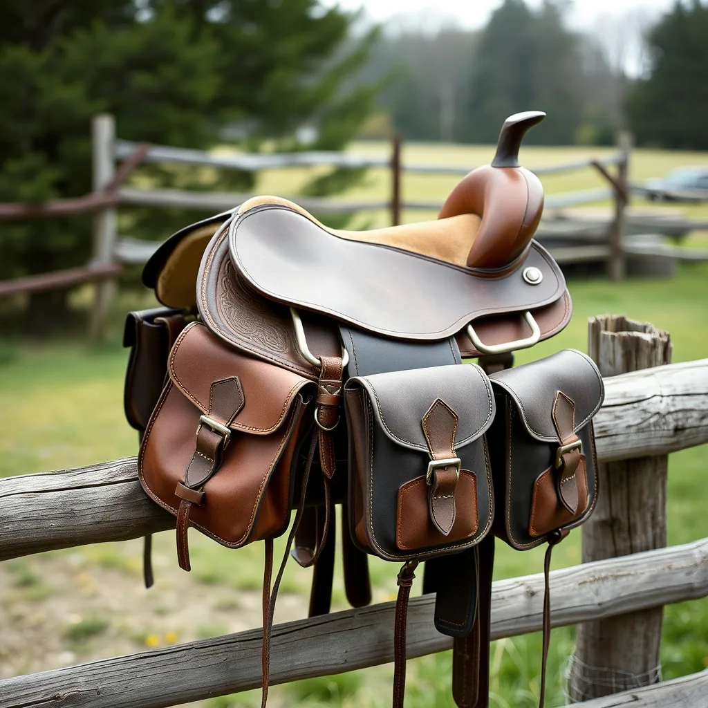 A padded western trail saddle with leather bags strapped to it, sitting on a weathered rail fence with pasture behind.