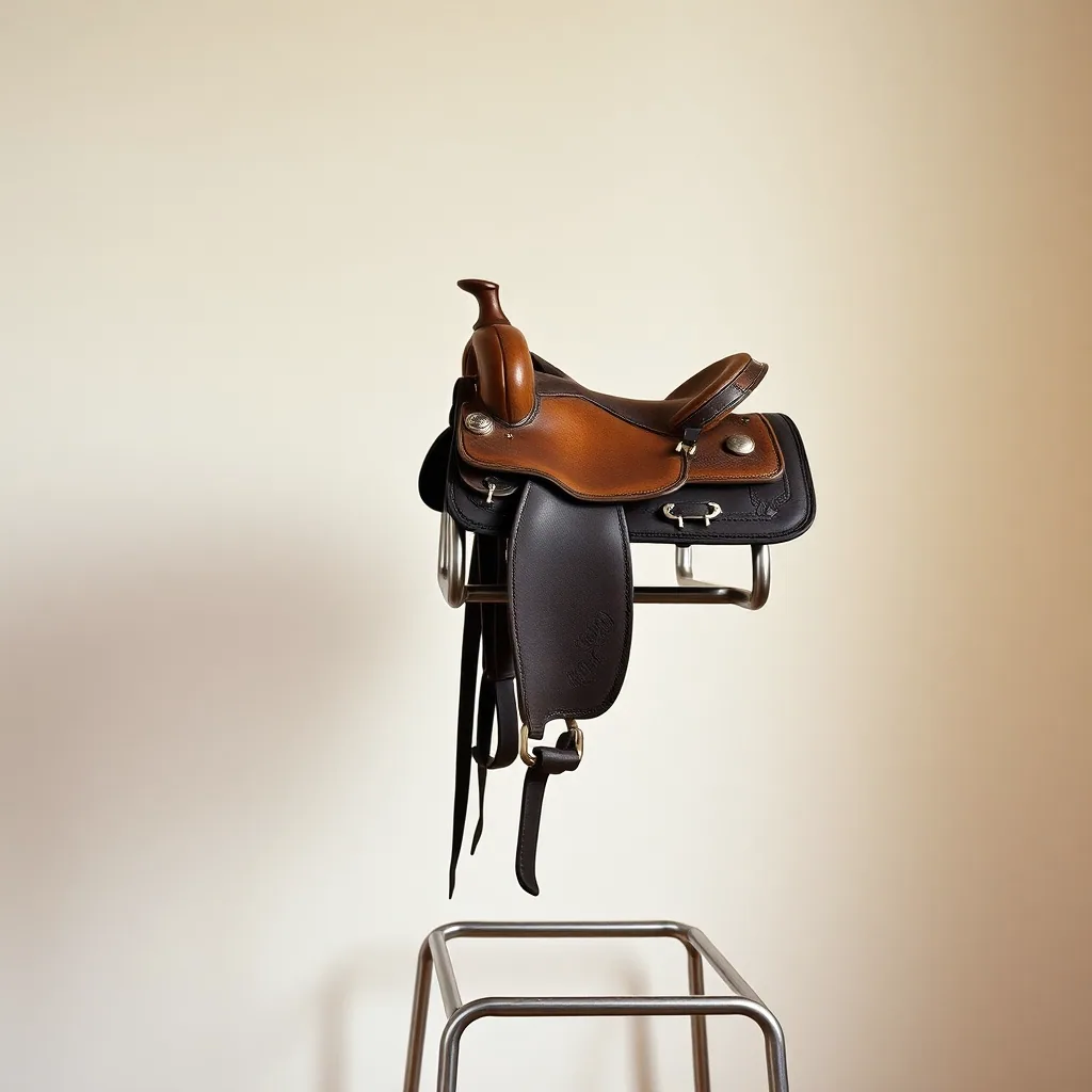 A small western show saddle on a metal stand against a plain wall, silver corner plates catching the light.